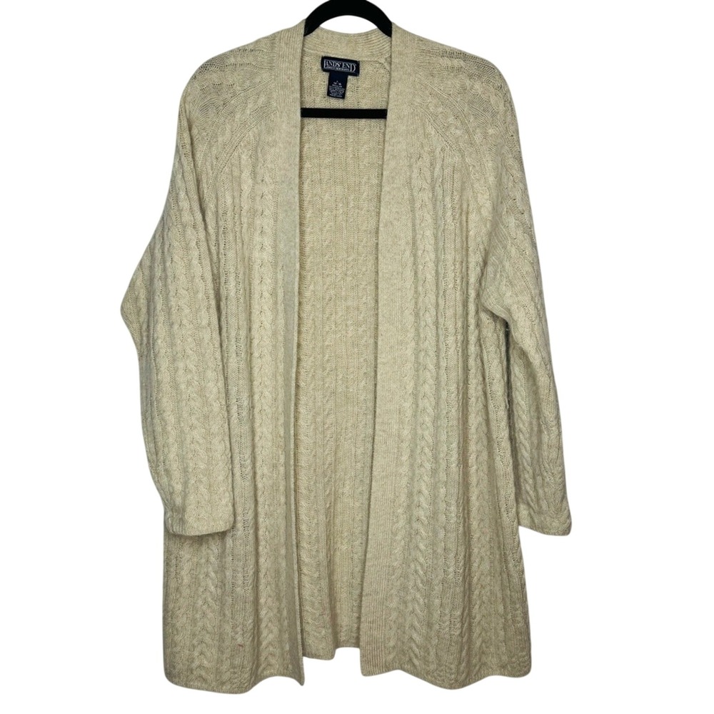 Lands End Womens Lambswool Cable Knit Open Sweater Cardigan L Coastal Grandma